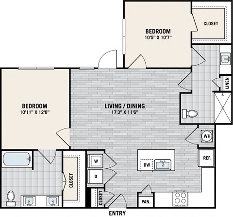 Floor plan for 2 beds, 2 baths, 974 sqft